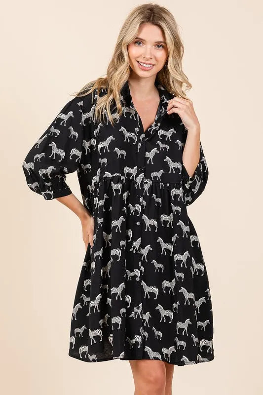 Mittoshop Zebra Print Button Down Shirt Mini Dress - cas7m