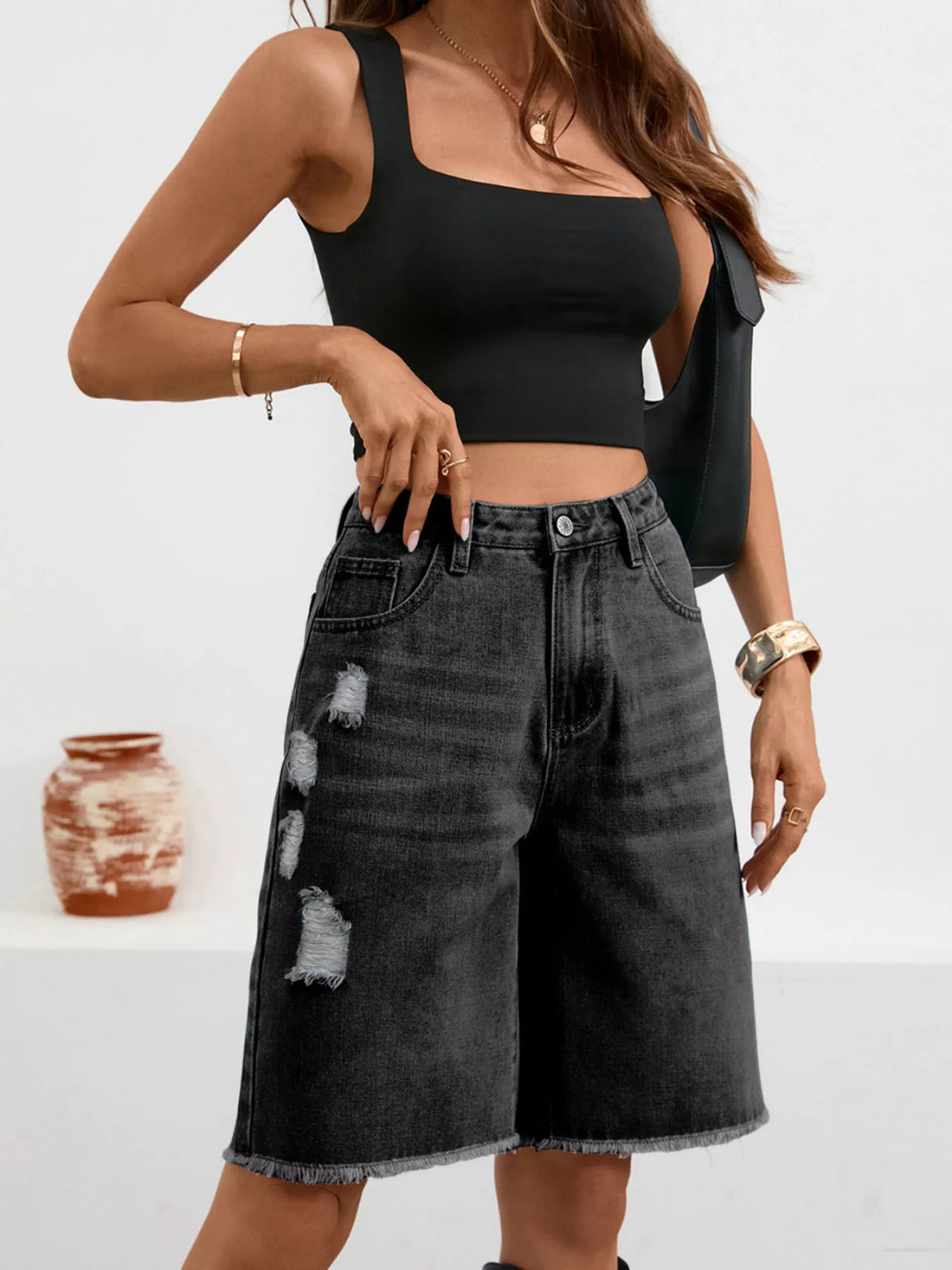 Ripped Frayed Hem Denim Shorts - cas7m