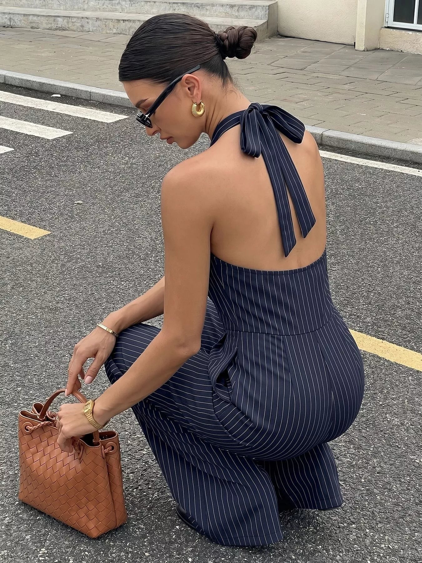 Striped Halter Neck Jumpsuit - cas7m