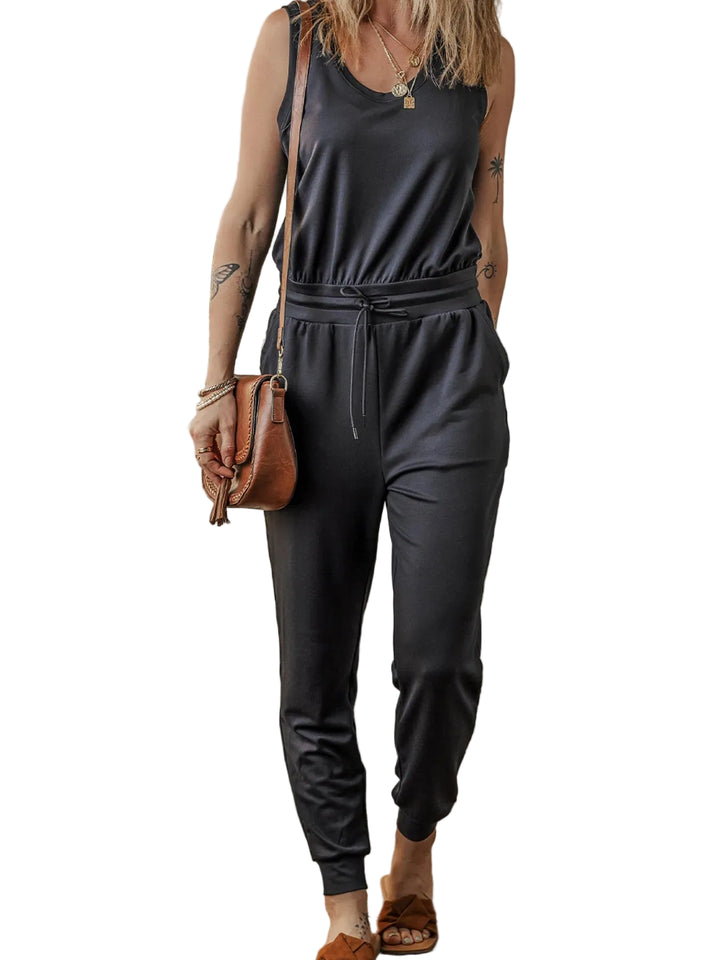 Tie Waist Sleeveless Jogger Jumpsuit - cas7m