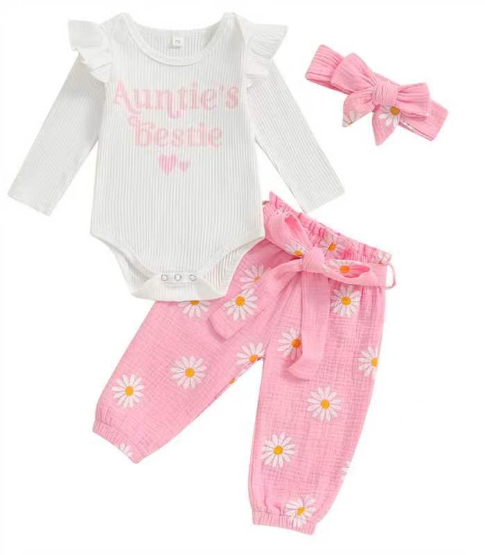 Ruffled Long-sleeve Bodysuit Paired With Matching Pants And A Bow Hair Accessory - cas7m