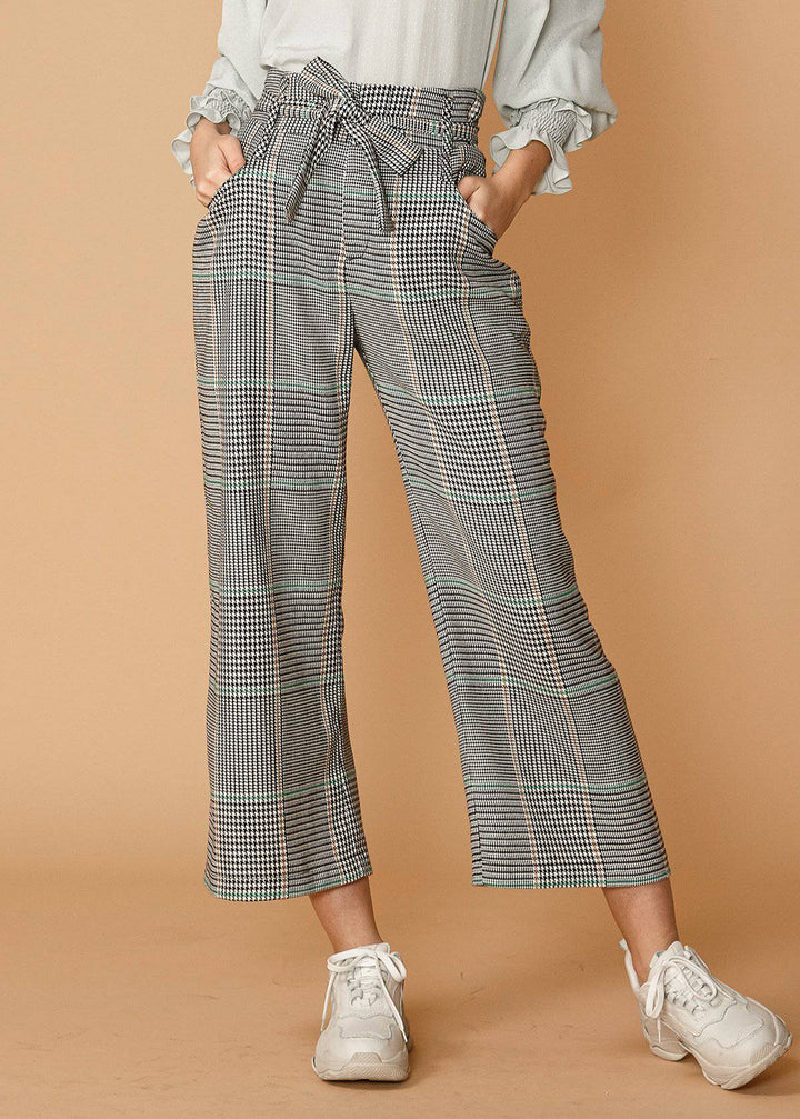 Women's Plaid Tie Waist Cropped Pants in Fall Glen - cas7m