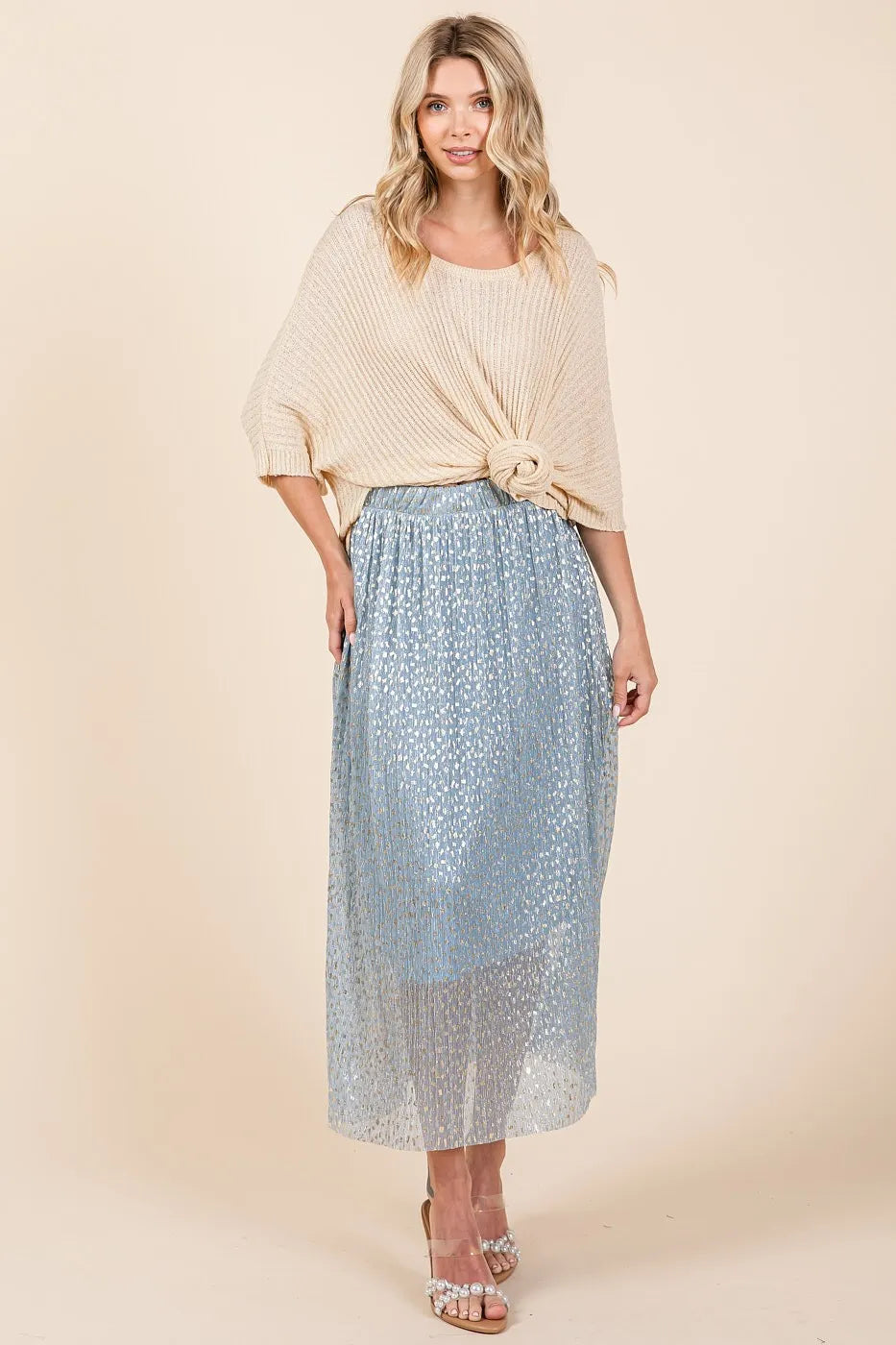 Mittoshop Metallic Glitter Speckle Print Elastic Midi Skirt - cas7m