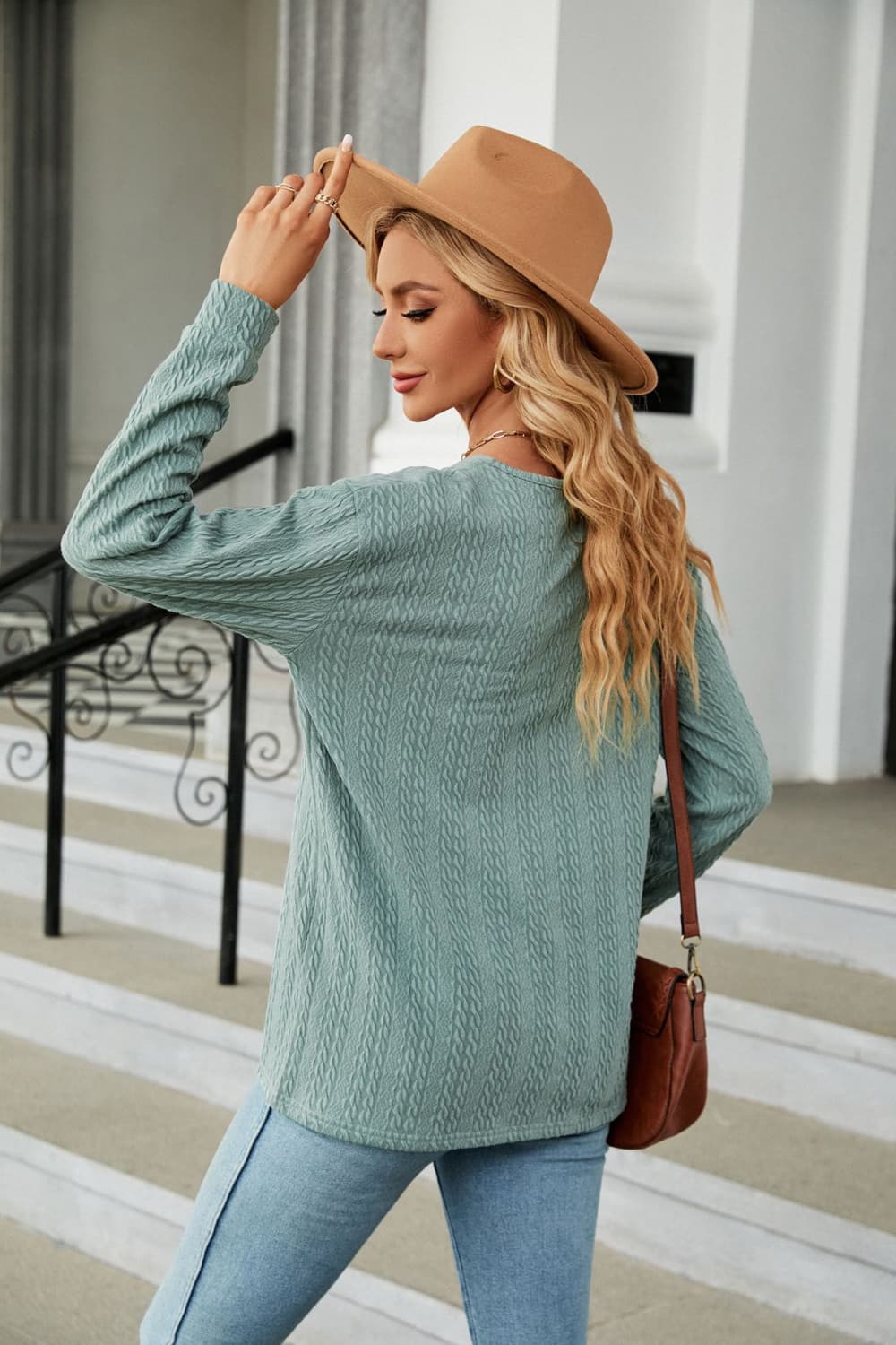 Decorative Button V-Neck Long Sleeve T-Shirt - cas7m