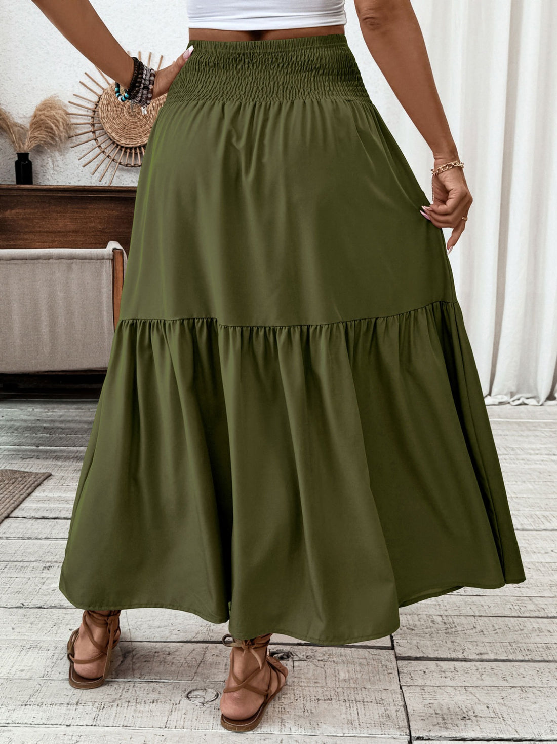 Smocked Waist Tiered Skirt - cas7m