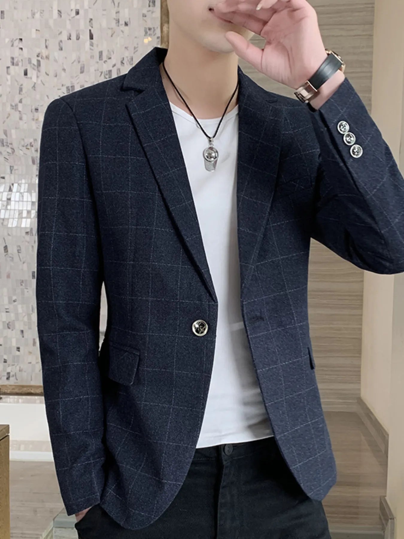 Men's Plus Size Slim Fit Plaid Pattern Blazer - cas7m