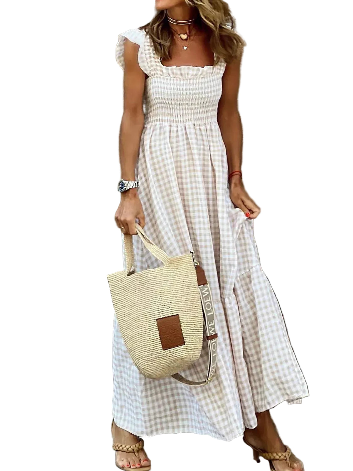 Full Size Gingham Smocked Ruffle Maxi Dress Plus Size - cas7m