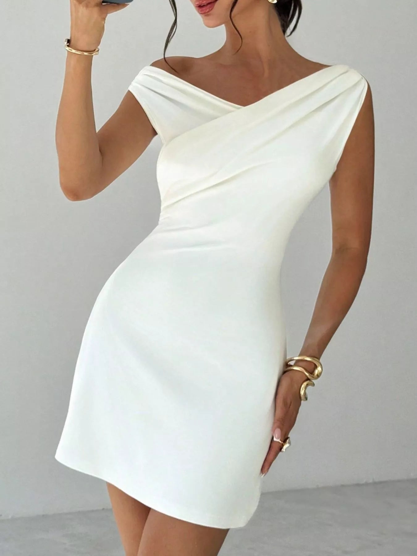 Elegant Off-Shoulder Draped Mini Dress - cas7m