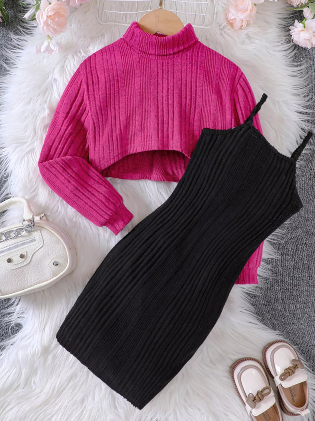 Children's Ribbed Knit Two-Tone Dress Set - cas7m