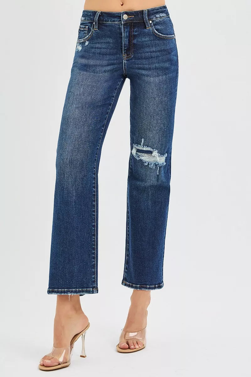 RISEN High Rise Crop Slim Straight Jenas with Hidden Knee Patch - cas7m
