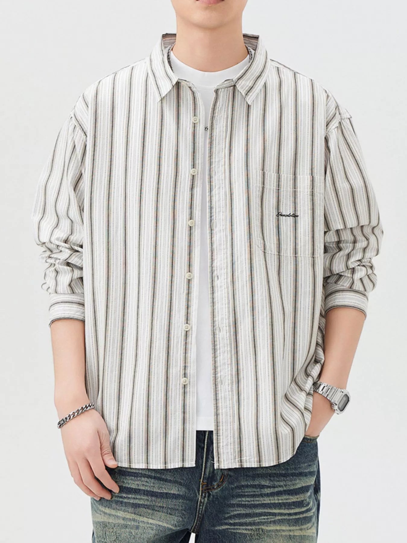 Men's Striped Button Up Long Sleeve Shirt - cas7m