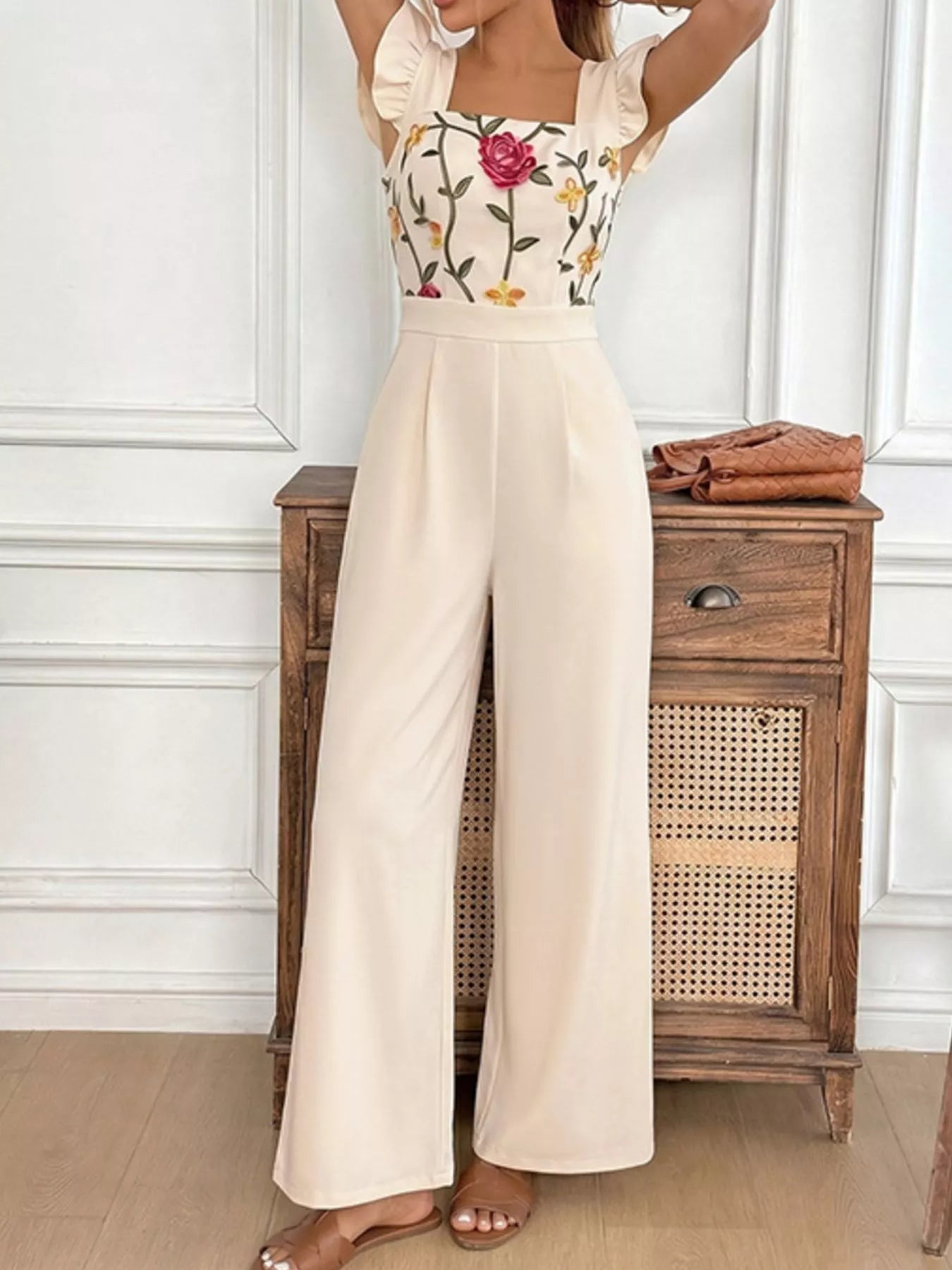 Floral Embroidered Ruffle Trim Jumpsuit - cas7m