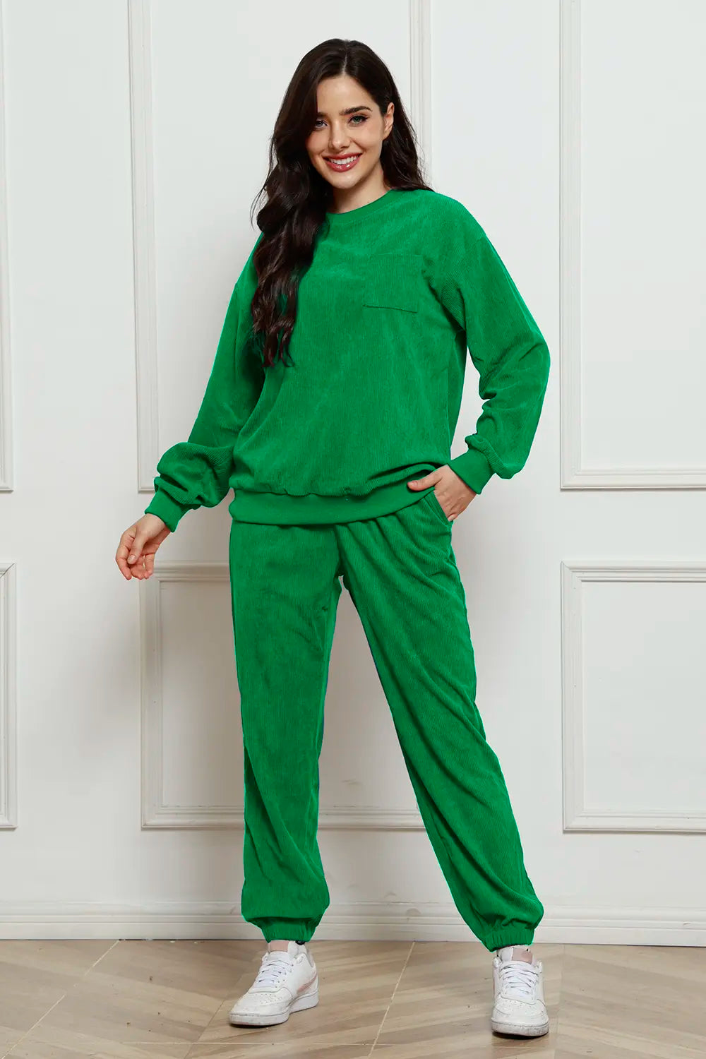 Corduroy Round Neck Sweatshirt and Sweatpants Set - cas7m