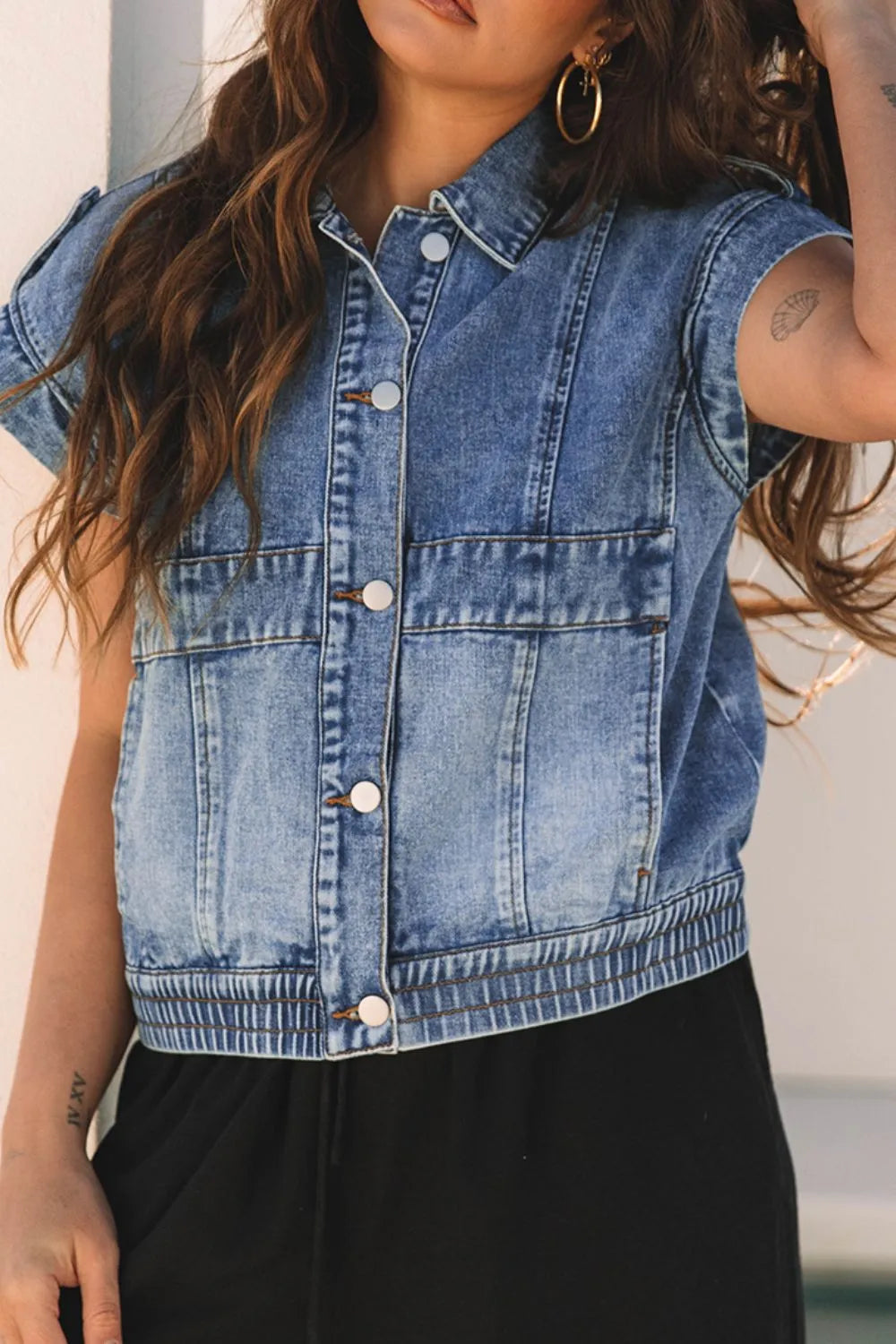 Button Up Cap Sleeve Denim Jacket - cas7m