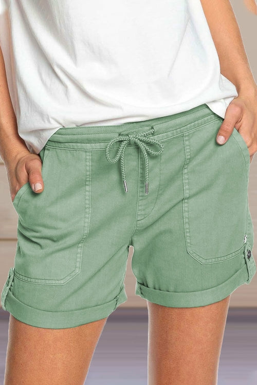 Elastic Waistband Pocket Drawstring Shorts with Button - cas7m