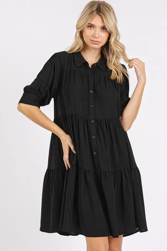 Mittoshop Button Detail Collared Neck Tiered Shirt Dress - cas7m