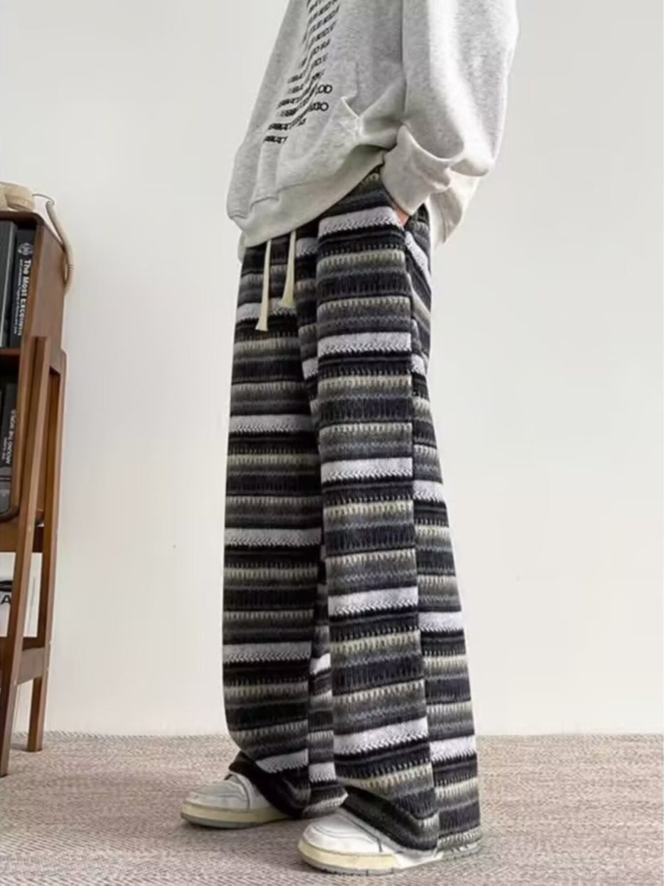 Men's Plus Size Drawstring Striped Wide Leg Pants - cas7m