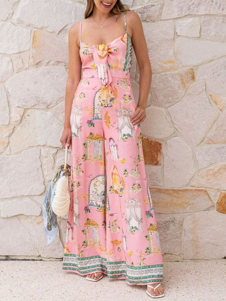 Printed Tie-Front Wide Leg Jumpsuit - cas7m