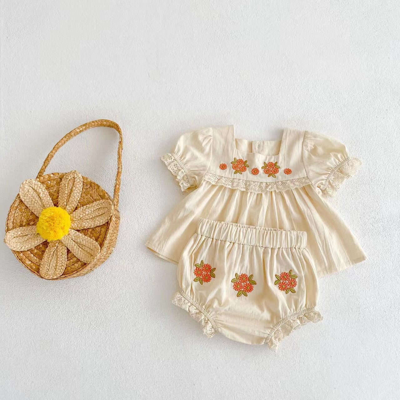 Girl Baby Flower Embroidered Short-sleeved Top - cas7m