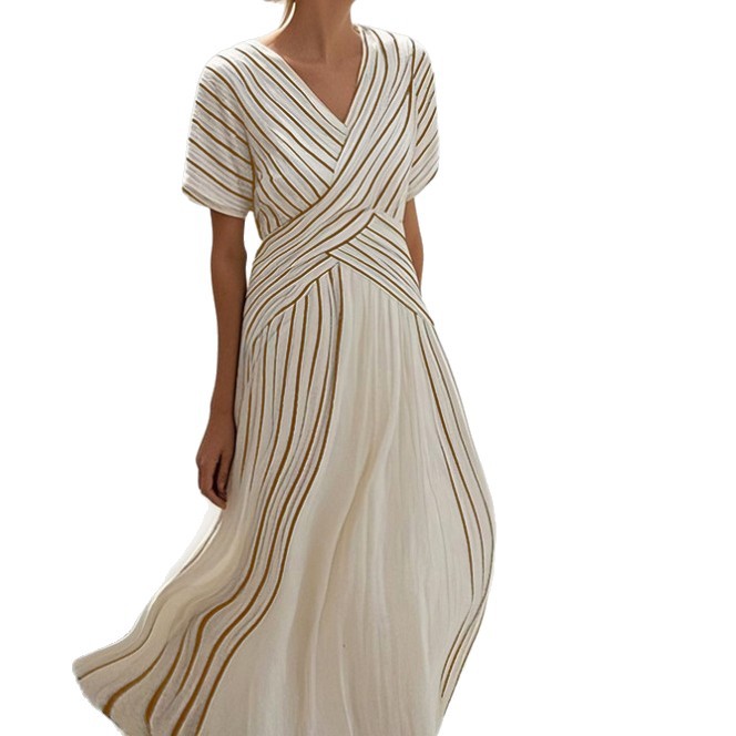 Women's Loose Fit Striped Printing Dress - Casual Cotton Blend Summer Midi Dress For Daily Wear Holiday Outfit - cas7m