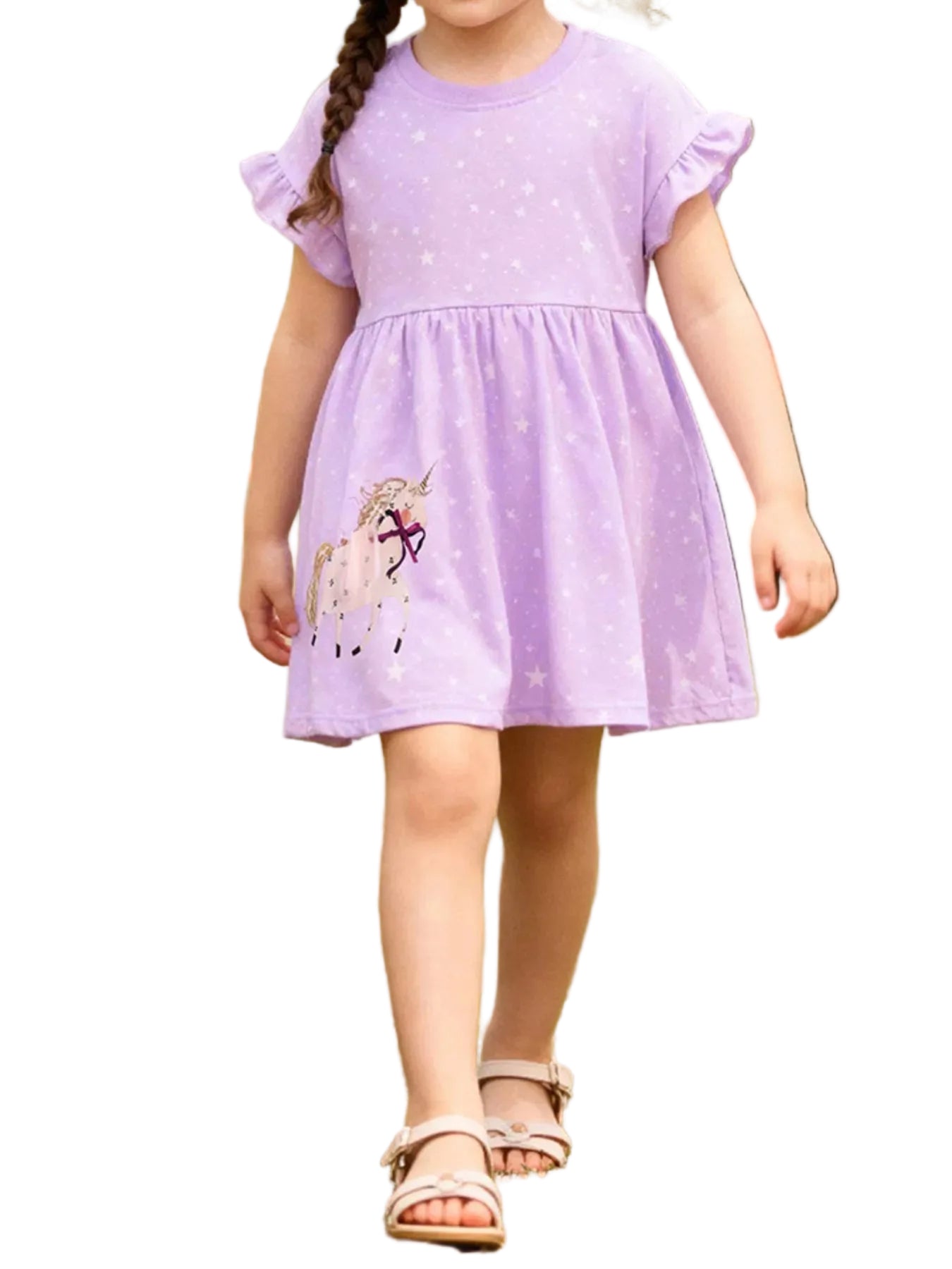 Children's Unicorn Star Print Ruffled Sleeve Dress - cas7m