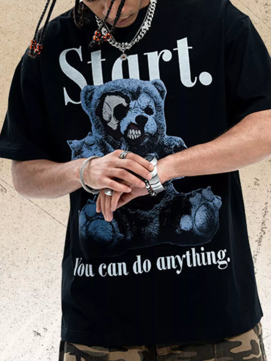 Men's Teddy Bear Graphic Round Neck Oversized T-Shirt - cas7m