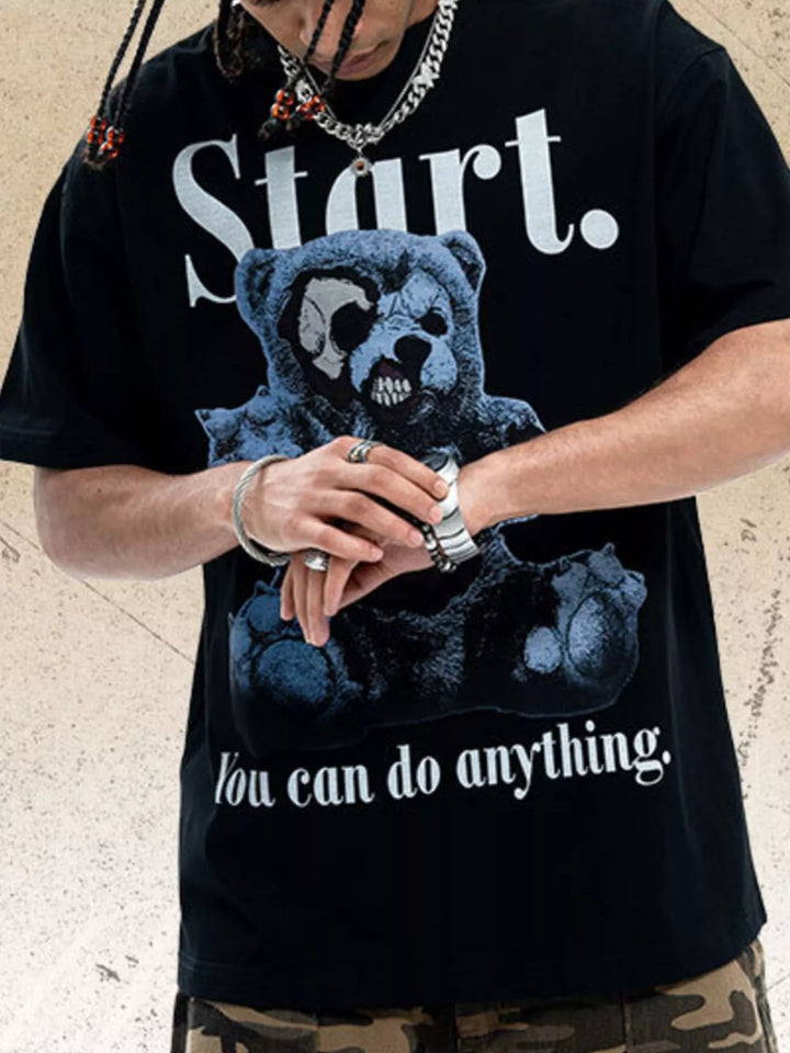 Men's Teddy Bear Graphic Round Neck Oversized T-Shirt - cas7m