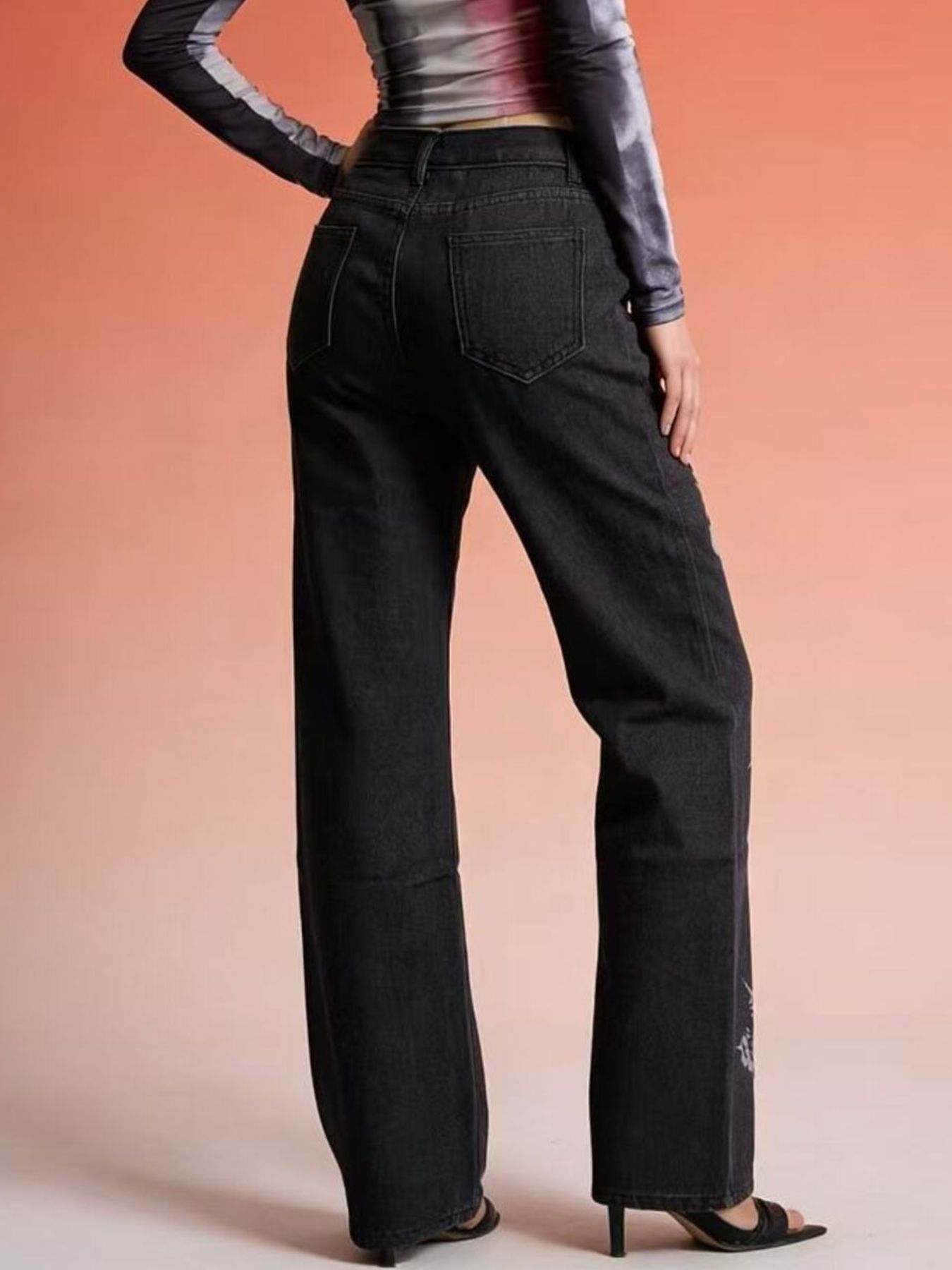 Butterfly Print High-Waisted Wide Leg Jeans - cas7m