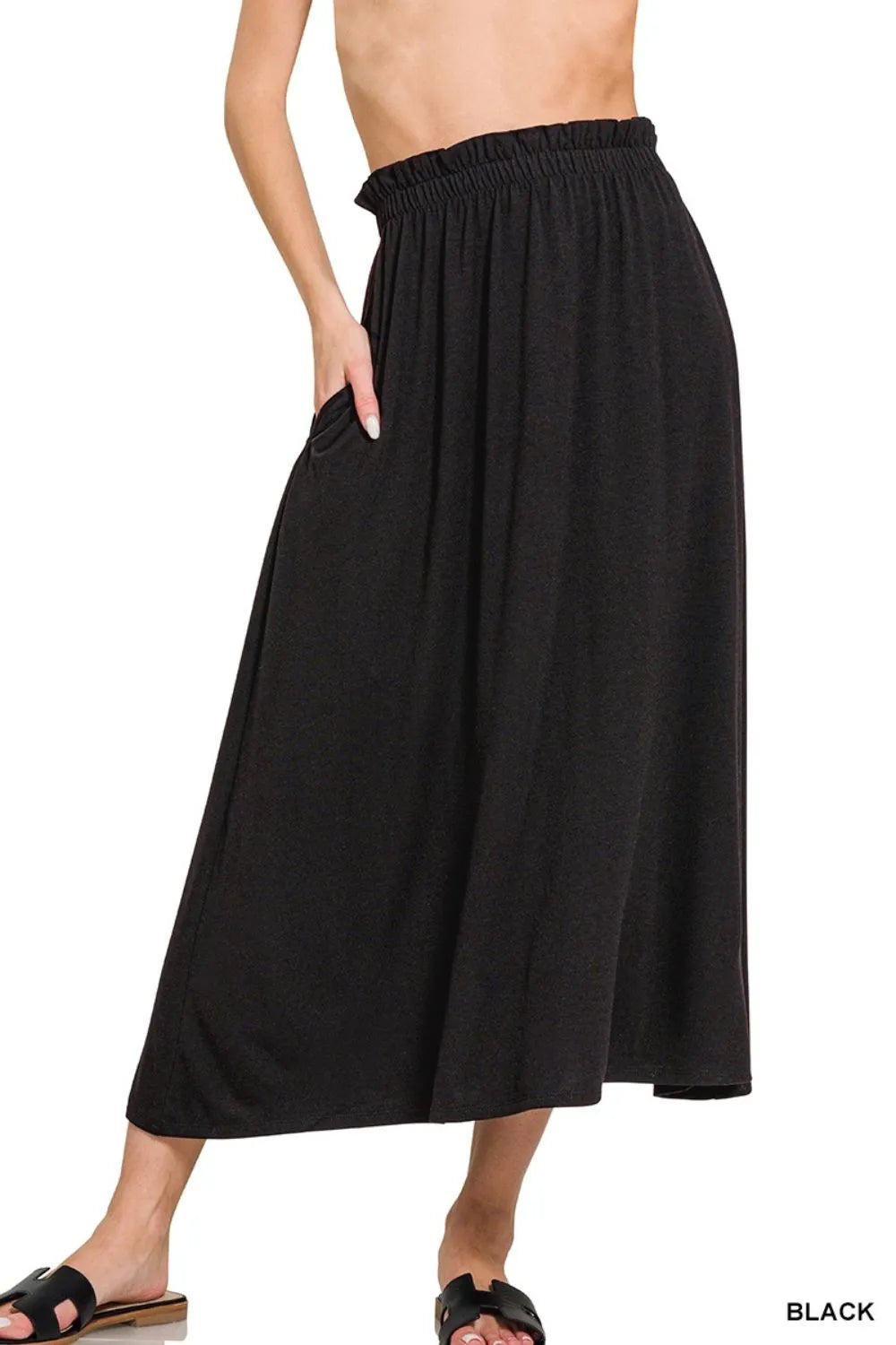 Zenana Paperbag Waist Midi Skirt With Pockets - cas7m