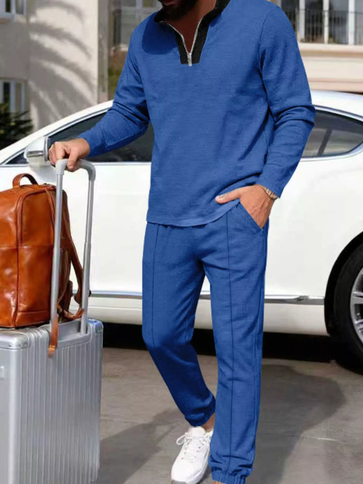 Men's Plus Size Casual Zipper Neck Long Sleeve Top and Pants Set - cas7m