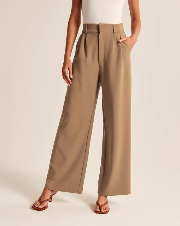 High Waist Straight Trousers With Pockets Wide Leg Casual Pants For Women - cas7m