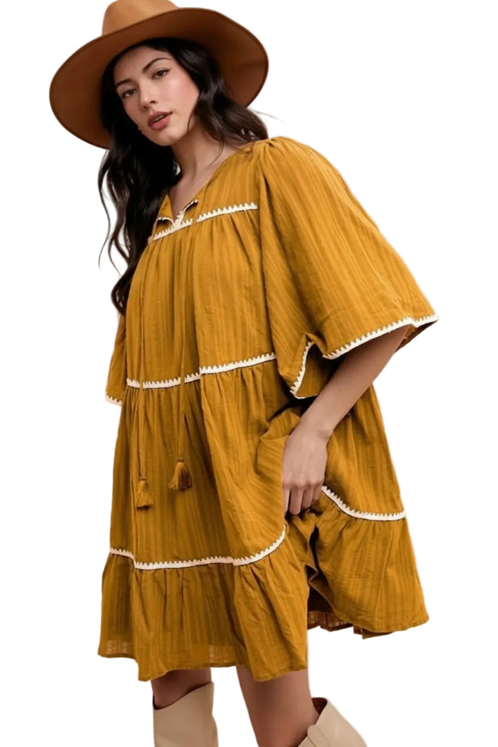 Annie Wear Tassel Contrast Trim Tie Neck Half Sleeve Tiered Dress - cas7m