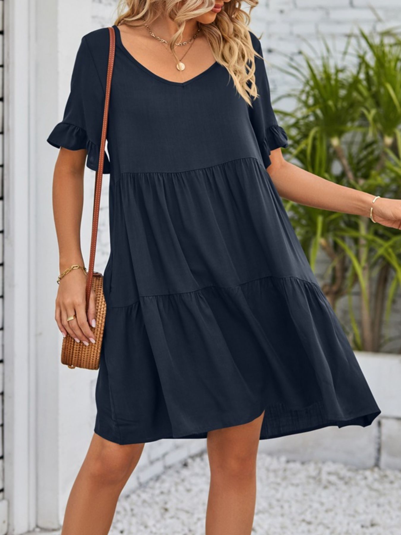 Ruffled Sleeve Tiered Mini Dress - cas7m