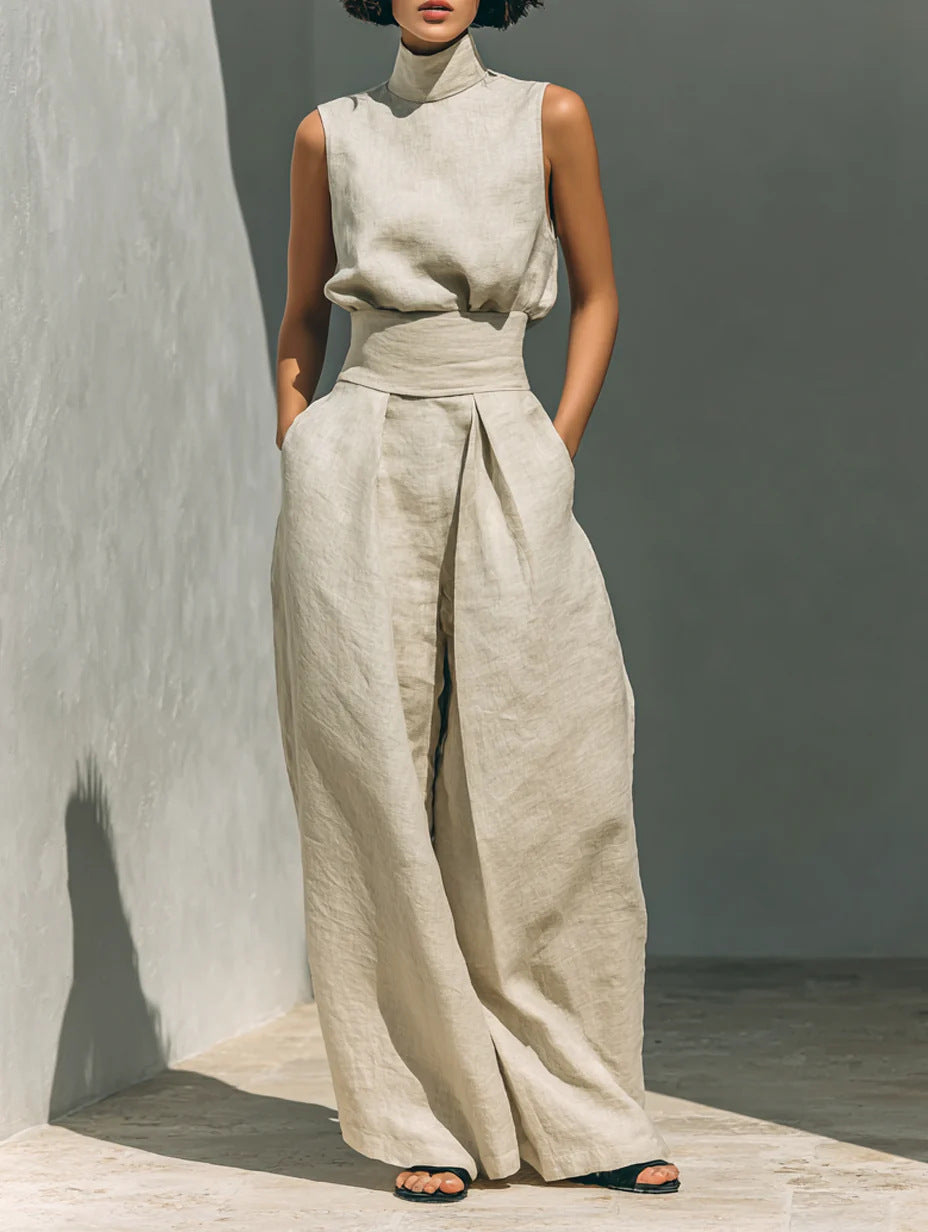 Casual Sleeveless Suit Summer Stand-up Collar Pullover Top And Loose Straight-leg Trousers Women's Clothing - cas7m