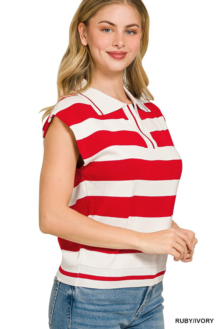 Zenana Viscose Striped Collared Sweater Vest - cas7m