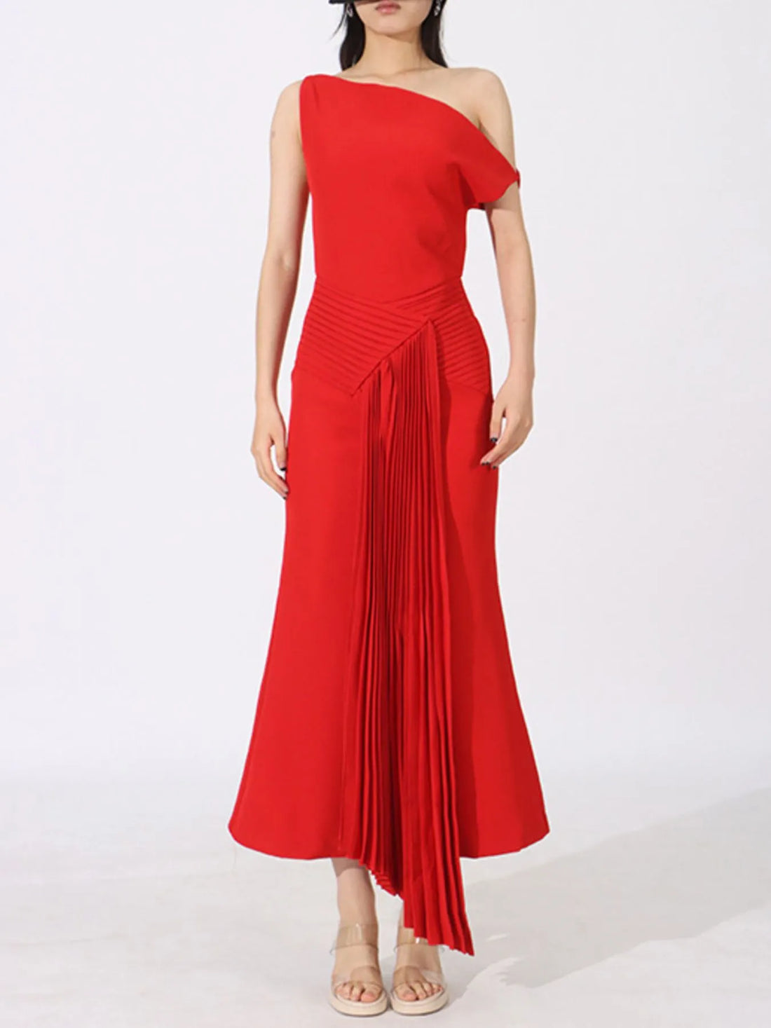 Single Shoulder Pleated Dress - cas7m
