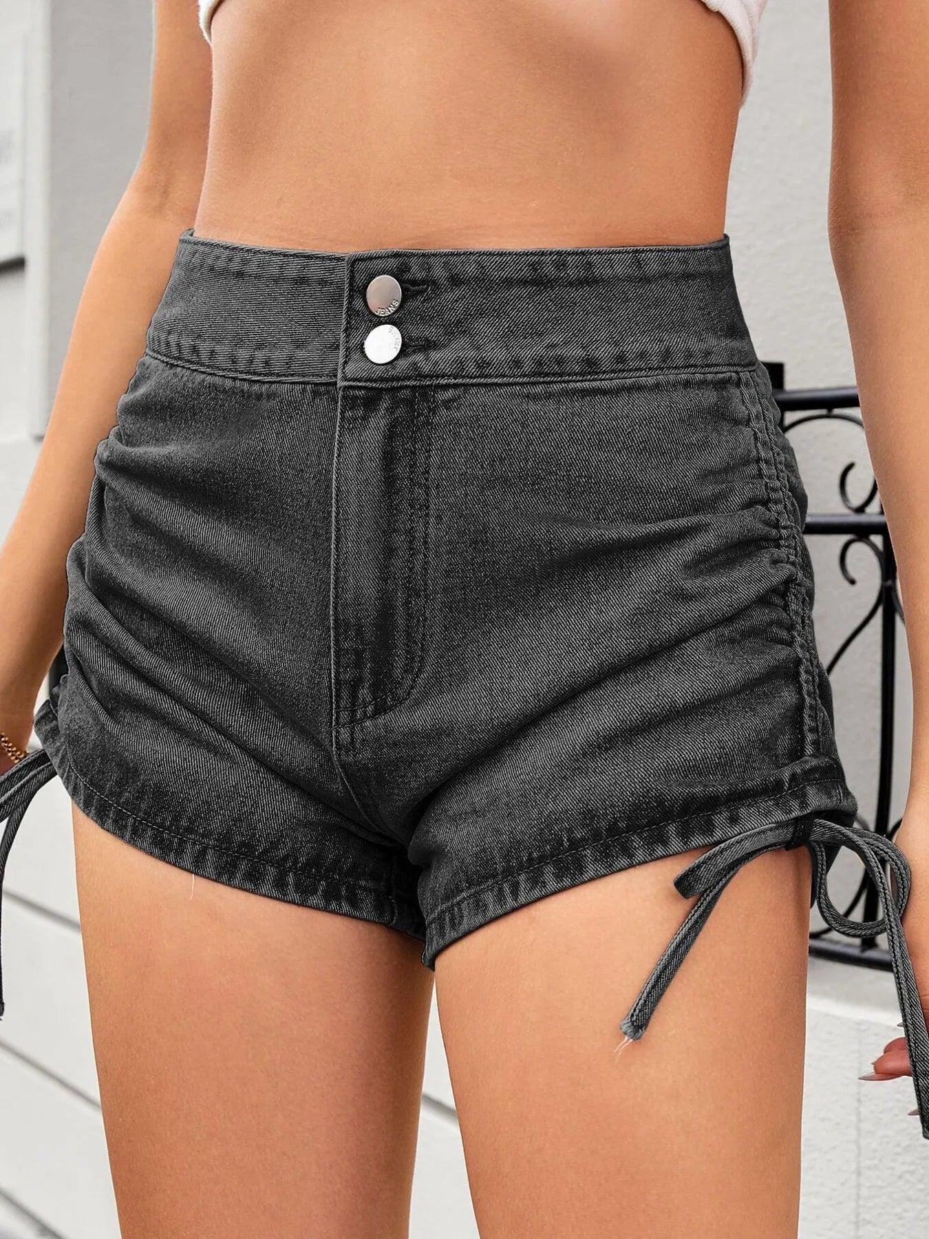 Ruched Side Drawstring Denim Shorts - cas7m