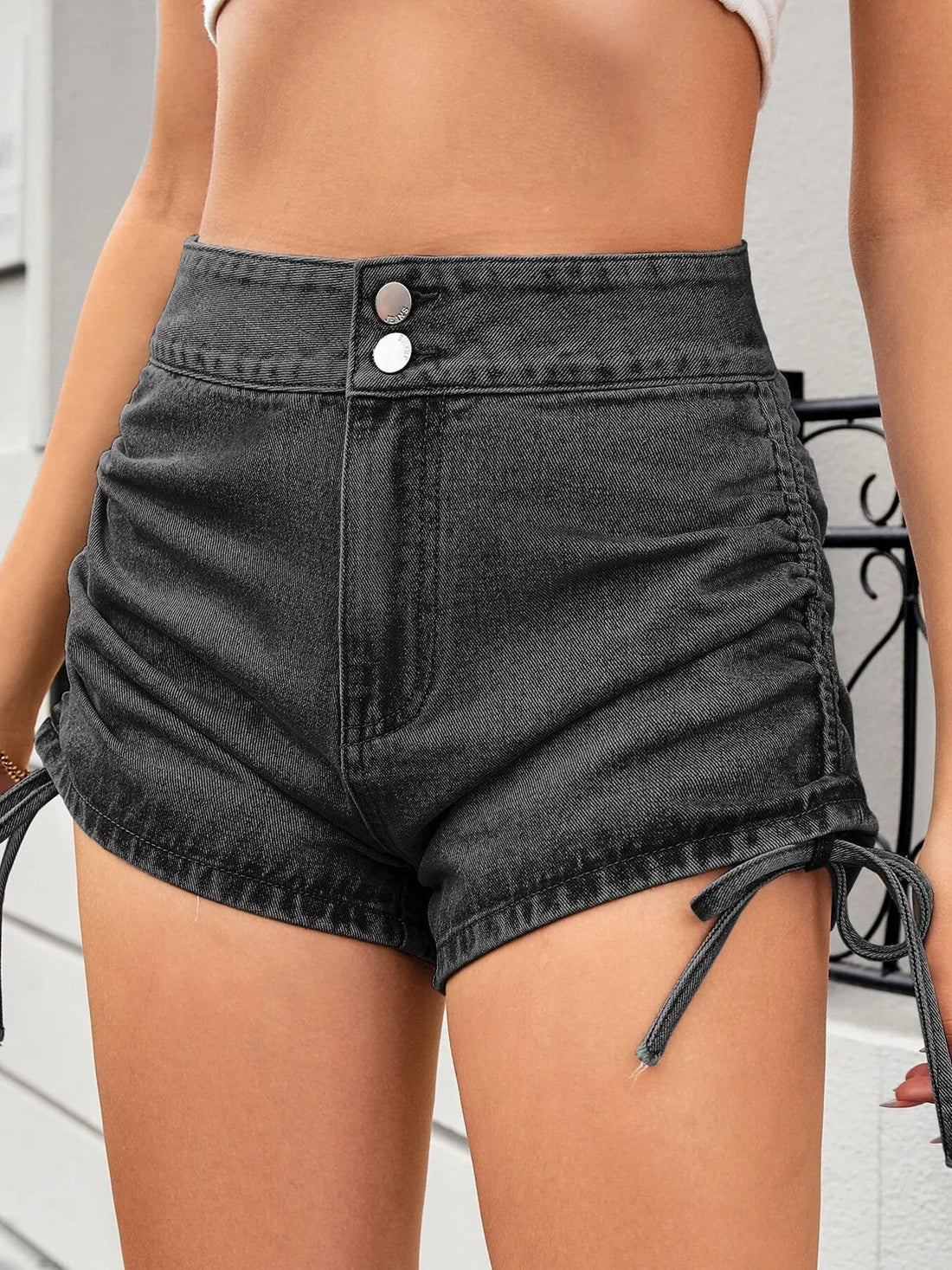Ruched Side Drawstring Denim Shorts - cas7m