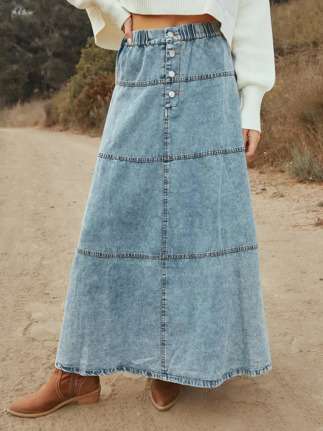 Button-Front Tiered Maxi Denim Skirt - cas7m