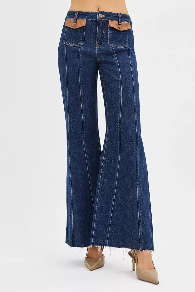 RISEN High Rise Wide Flare Jeans with Front Leather Pocket Detail - cas7m