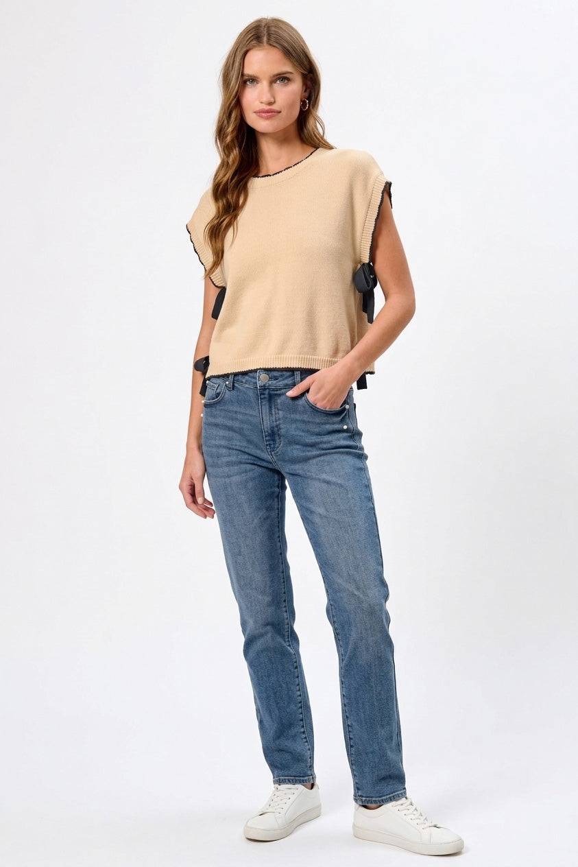 SO ME Lightweight Sweater Dolman Side Ribbon Tie Top - cas7m
