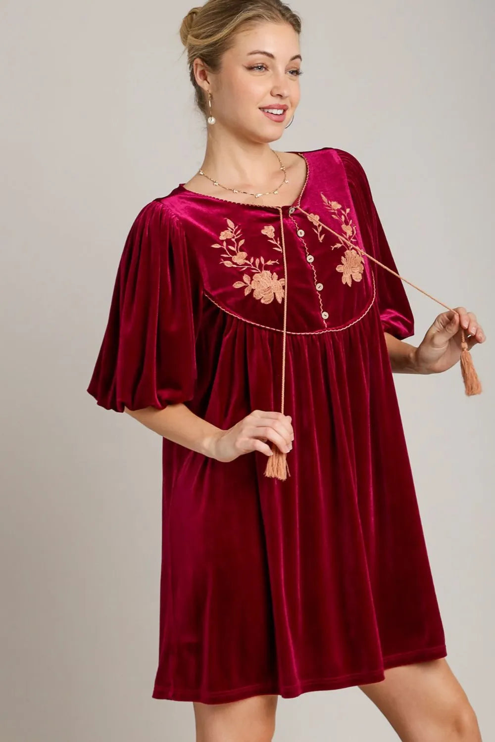 Umgee Embroidered Half Sleeve Velvet Mini Dress with Tassel - cas7m