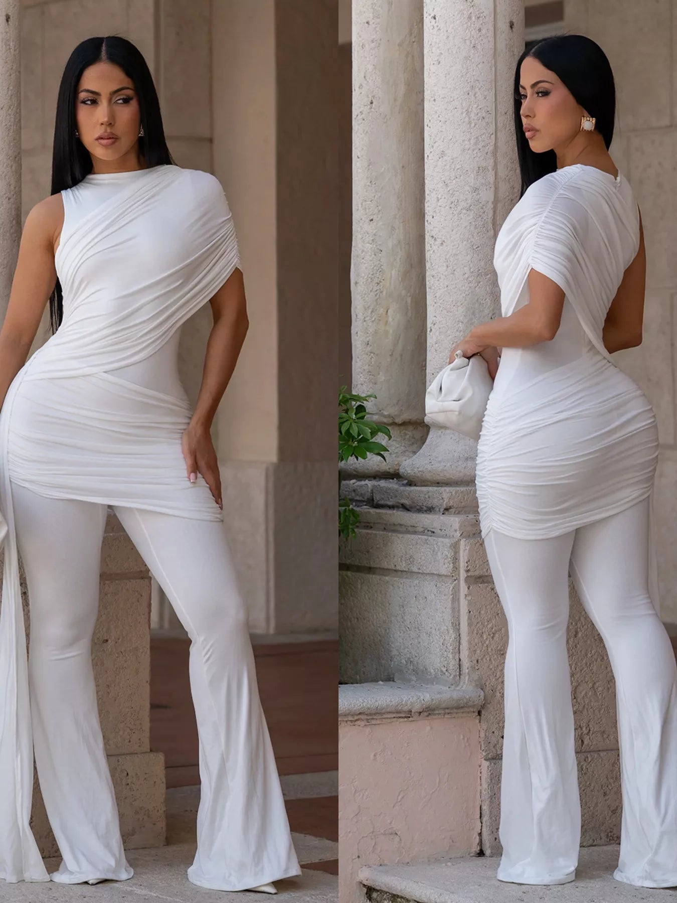 Ruched One-Shoulder Flare Leg Jumpsuit - cas7m