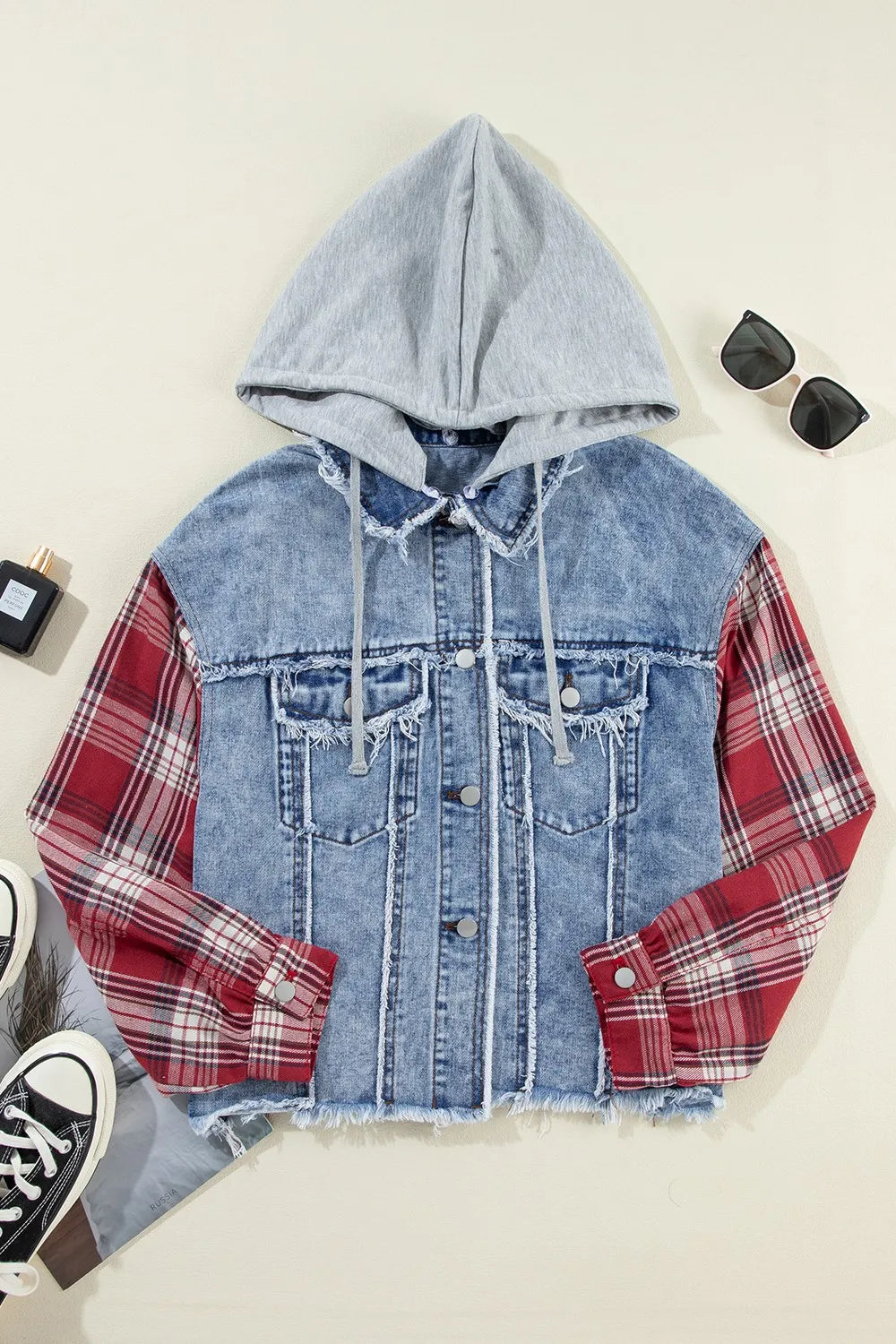 Raw Hem Drawstring Plaid Denim Jacket - cas7m