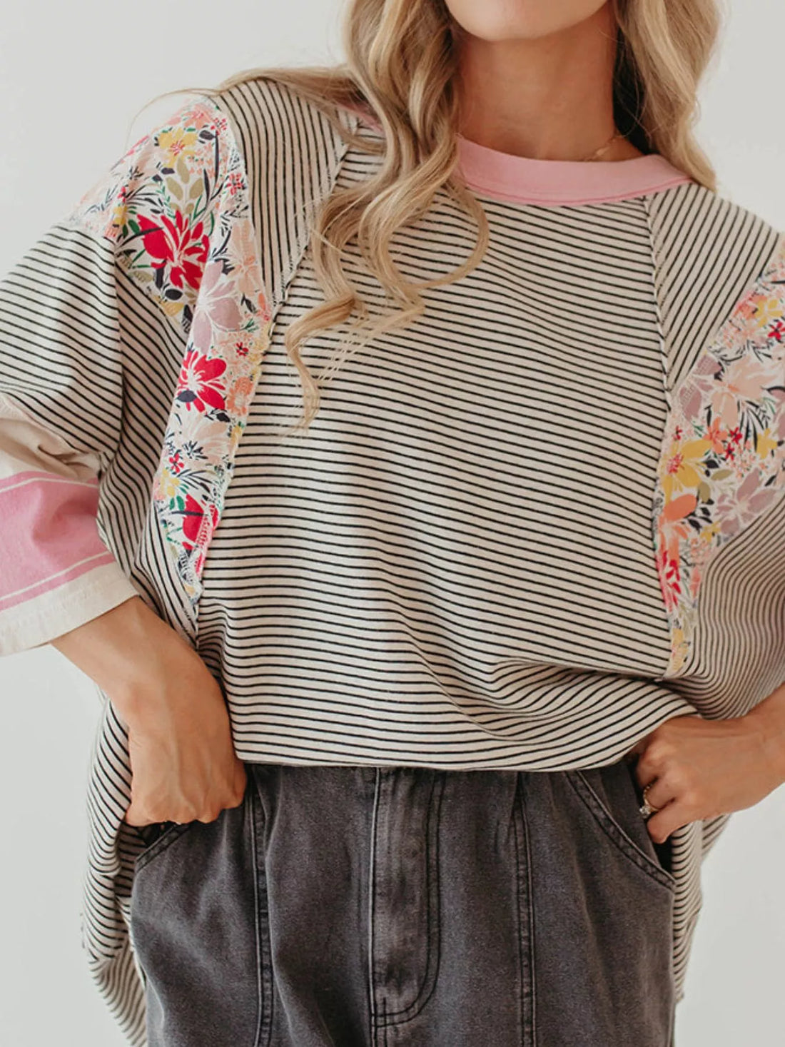 Striped Floral Long Sleeve T-Shirt - cas7m