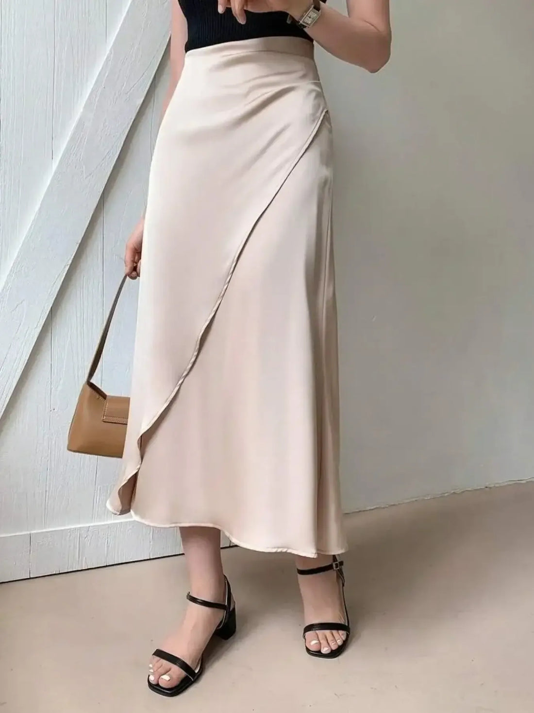 Asymmetric Wrap Midi Skirt with Fluted Hem - cas7m