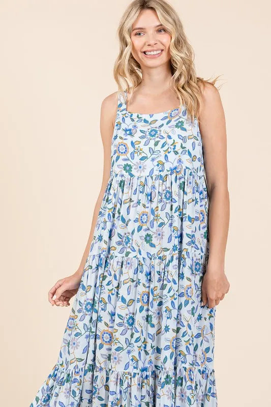 Mittoshop Flower Print Tiered Sleeveless Empire Maxi Dress - cas7m