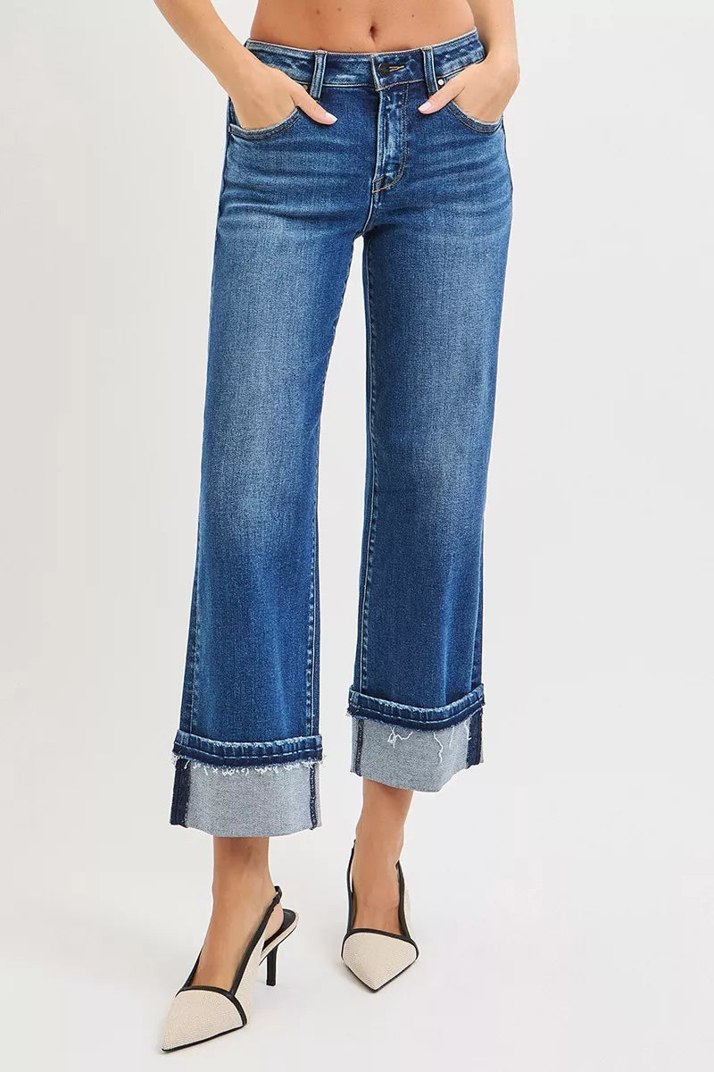 RISEN Mid Rise Ankle Straight Jeans with Cuffed Hem - cas7m