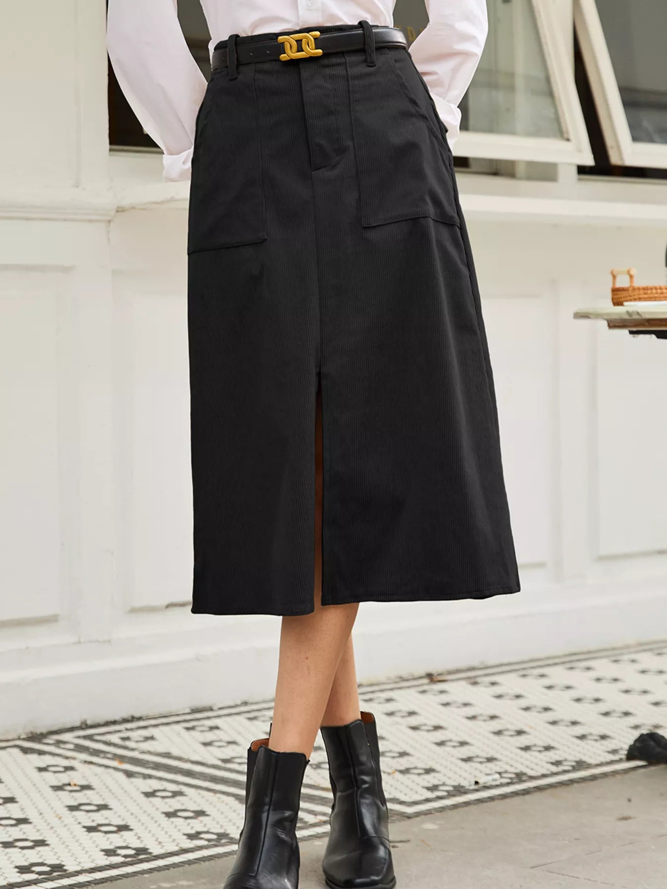 Front Slit Shift High Waist Midi Skirt - cas7m