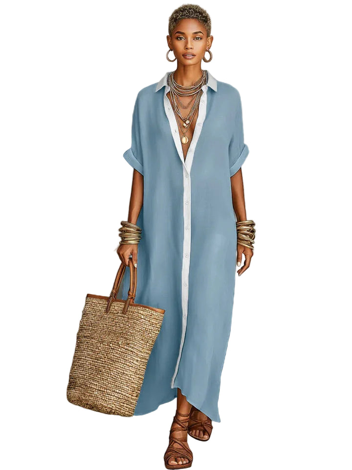 Color-blocked Loose  And Linen Long Dress Fashionable And Casual Dress - cas7m